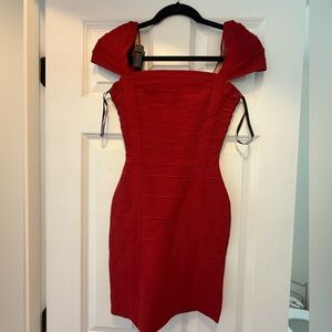 Herve Leger Red Cap Sleeve Bandage Dress XXS